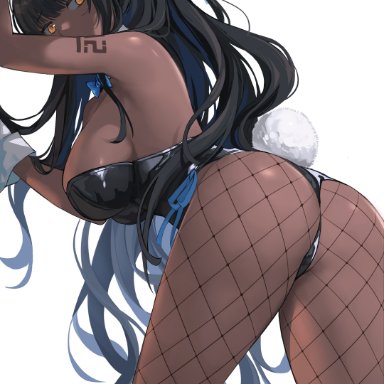 1girls, 2r-, absurdres, animal ears, arm tattoo, arm up, ass, bangs, bare shoulders, black hair, black legwear, black leotard, blue archive, blue bow, blue neckwear