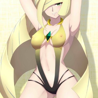 1girls, arms behind head, arms up, big breasts, blonde hair, blush, breasts, eye contact, green eyes, iharuluna (artist), long hair, looking at viewer, lusamine (pokemon), mature female, milf