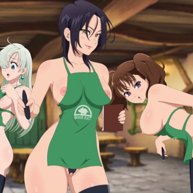 3girls, apron, apron only, diane (nanatsu no taizai), elizabeth liones, exibitionism, female, female focus, female only, iced latte with breast milk, mandio art, merlin (nanatsu no taizai), nanatsu no taizai, pubic hair, the seven deadly sins