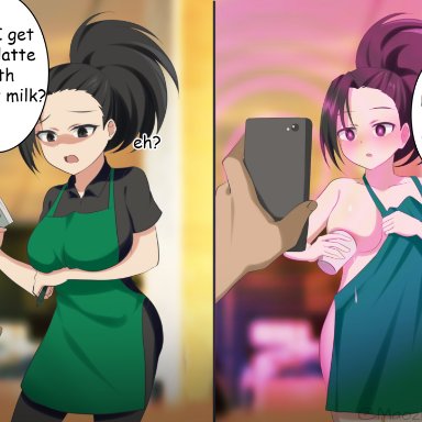 apron, apron only, big breasts, black hair, breasts, busty, comic, female, female focus, forced exposure, hourglass figure, hypnosis, iced latte with breast milk, lactating, lactation