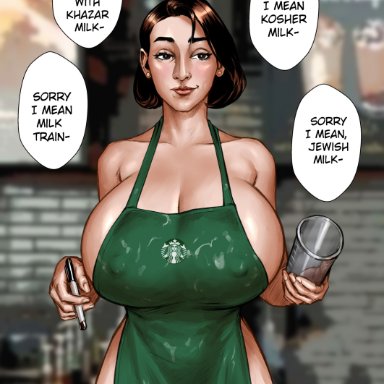 abigail shapiro, apron, apron only, busty, erect nipples, hourglass figure, iced latte with breast milk, jiragora, nipple bulge, starbucks, tagme, waitress, waitress uniform, wide hips