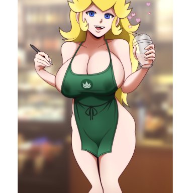 apron, apron only, breasts, hi res, iced latte with breast milk, lactation, mario (series), nintendo, partially clothed, princess peach, smile, spotty arts, starbucks, super mario bros., uncensored