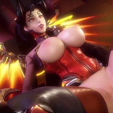 1boy, 1girls, 3d, alenabyss, alternate costume, animated, areolae, big penis, black hair, breasts, breasts out, creampie, cum, cum drip, cum in pussy