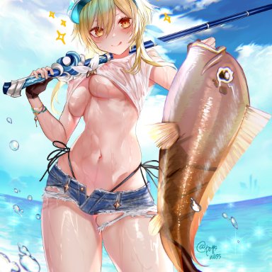 1girls, big breasts, blonde hair, blush, breasts, fish, fishing, fishing rod, genshin impact, lumine (genshin impact), pottsness, see-through, see-through clothing, soaked clothes, thick thighs