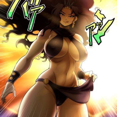 1girls, battle tendency, genderswap, genderswap (mtf), huge breasts, japanese text, jmg, jojo's bizarre adventure, kars, licking lips, loincloth, loincloth aside, long hair, looking at viewer, rule 63