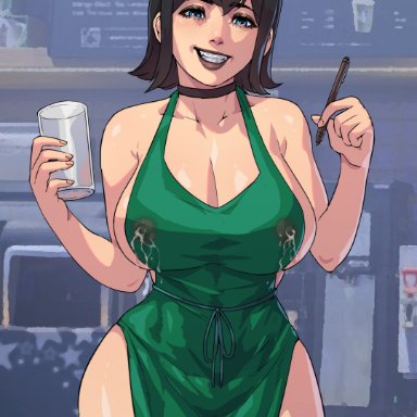 1girls, apron, black hair, cirenk, front view, hotel transylvania, huge breasts, iced latte with breast milk, lactating, lactation, lactation through clothes, light-skinned female, light skin, looking at viewer, mavis dracula