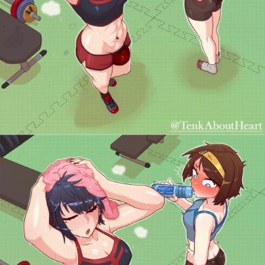 1futa, 1girls, 2020s, 2021, abs, after workout, alternate version available, armpits, arms up, ass, big breasts, big penis, bird's-eye view, black bottomwear, black hair
