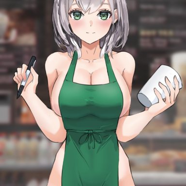 1girls, 2021, absurdres, apron, barista, big breasts, breasts, cleavage, female, female focus, female only, green apron, highres, hololive, iced latte with breast milk