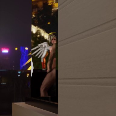 1boy, 1girls, 3d, alenabyss, animated, areolae, balcony, blonde hair, bouncing breasts, breasts, closed eyes, cum in pussy, cum inside, eyeshadow, faceless male