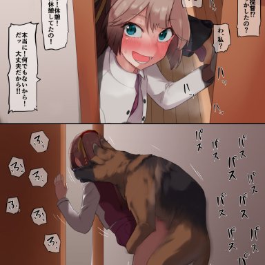 1animal, 1boy, 1girls, ambiguous penetration, blue eyes, blush, bottomless, canine, domestic dog, eye contact, feral, feral on female, heavy breathing, interspecies, kantai collection