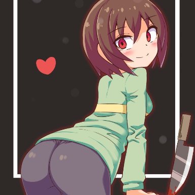 brown hair, chara, clothing, red eyes, short hair, shorts, smile, tight clothing, undertale