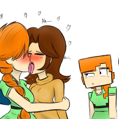 2girls, alex (minecraft), brown hair, brunette, clothed, clothing, crossover, deadmii, eyes closed, french kiss, ginger, hand on arm, holding, hugging, kissing