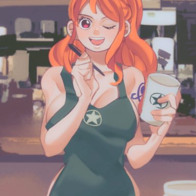 almost naked, apron, apron only, big breasts, coffee shop, cup, curvy, female, female only, iced latte with breast milk, long hair, naked apron, nami, one piece, orange hair