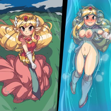 1girls, absurd res, areolae, blonde hair, blush, breasts, captain kirb, dress, eye contact, female, high resolution, long hair, looking at viewer, nintendo, nipples