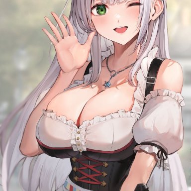 1girls, barely contained, big breasts, blush, breasts, dress, green eyes, hololive, maid, shirogane noel, silver hair, virtual youtuber, vtuber, wait ar, waving