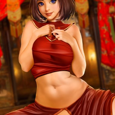 1girls, aged up, athletic female, auburn hair, avatar the last airbender, bare arms, big breasts, blue eyes, bob cut, breast squish, breasts together, brown hair, confident, cute, earth kingdom