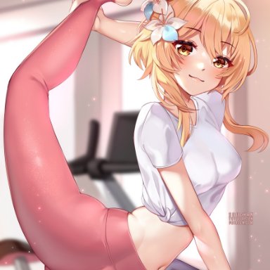 :3, artist name, bangs, blonde hair, blurry, blurry background, blush, breasts, commentary, crop top, english commentary, eyebrows visible through hair, female, flower, genshin impact