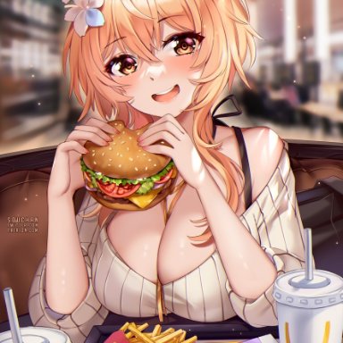 1girl, 1girls, big breasts, blonde hair, blush, breasts, burger, cleavage, eating, female, female focus, flower in hair, flowers in hair, french fries, genshin impact