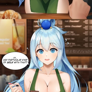 1girls, apron, aqua (konosuba), aqua eyes, big breasts, blue eyes, blue hair, breasts, dialogue, female, hair ornament, huge breasts, iced latte with breast milk, kono subarashii sekai ni shukufuku wo!, large breasts