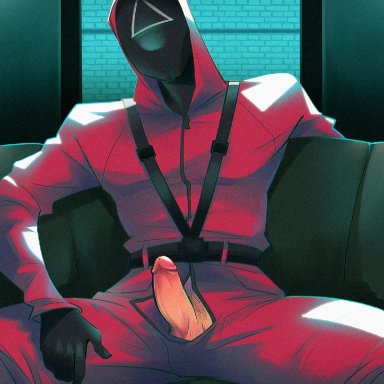 1boy, clothing, genitals, gloves, jumpsuit, male, male focus, male only, mask, masked, nekoomancy, netflix, penis, penis out, pink guard