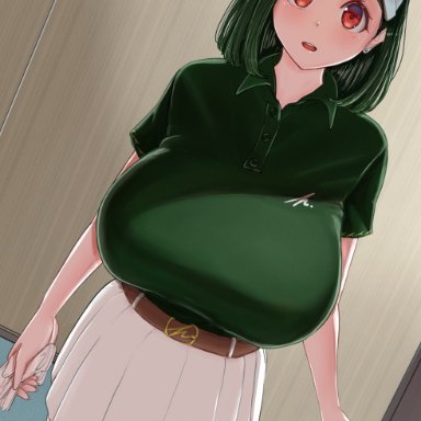 1female, 1girl, artist name, artist signature, belt, belt buckle, breasts, brown belt, buckle, bursting breasts, chinushroya, collared shirt, cowboy shot, dark green hair, dot nose