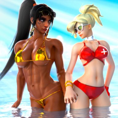 2girls, 3d, abs, adeptusinfinitus, beach, belly button, big breasts, bikini, black hair, blender, blonde hair, breasts, dark skin, fit, hips