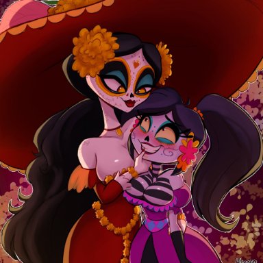 2girls, big breasts, blush, breasts, catalina la catrina, cleavage, crossover, female, female only, imminent sex, la muerte, magaska19, skeleton, sugar skull, the book of life