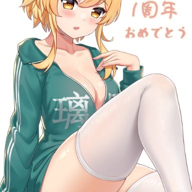 1girls, big breasts, blonde hair, blush, breasts, genshin impact, japanese text, lumine (genshin impact), satomi, shirt only, thick thighs, thighhighs, thighs, yellow eyes