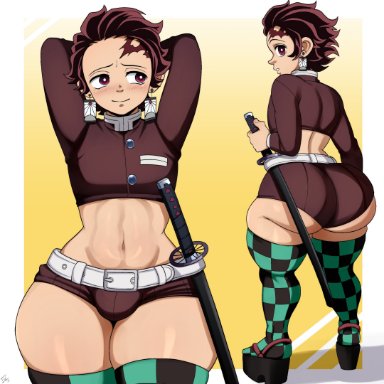 1boy, amile, ass, big ass, blackwhiplash, blush, booty shorts, bottom heavy, bubble ass, bubble butt, bulge, crop top, demon slayer, earrings, facial mark