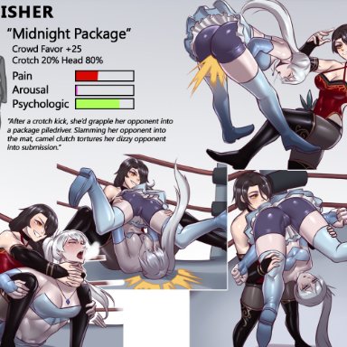 2girls, arsonichawt, cameltoe, choking, cinder fall, crotch kick, cuntbusting, dominant female, finishing move, grappling hold, rwby, submissive female, weiss schnee, wrestling