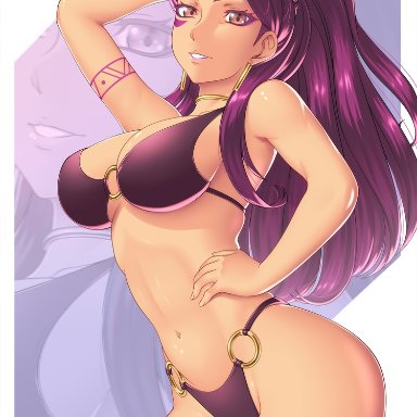 1girls, alternate costume, arm behind head, bare thighs, bikini, breasts, brown eyes, dark-skinned female, dark skin, earrings, etchimune, fire emblem, fire emblem: three houses, h-mune, large breasts