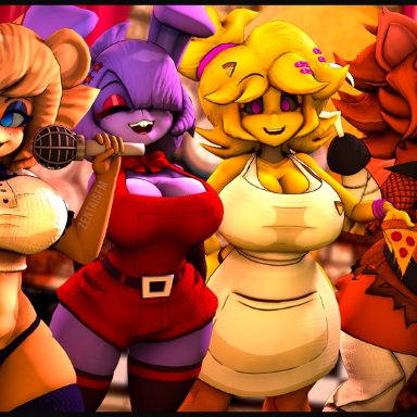 3d, 3d (artwork), 4girls, abs, angry, animatronic, apron, bandage, bandage on nipples, bandages, bear, bear ears, belly button, belt, big breasts