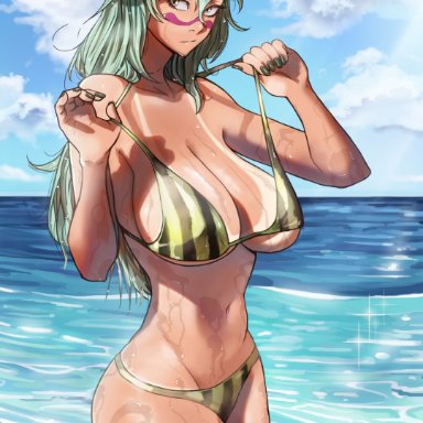 1girls, absurdres, bikini, bleach, blue sky, breasts, cleavage, closed mouth, cloud, cloudy sky, commentary, cowboy shot, curvy, day, english commentary