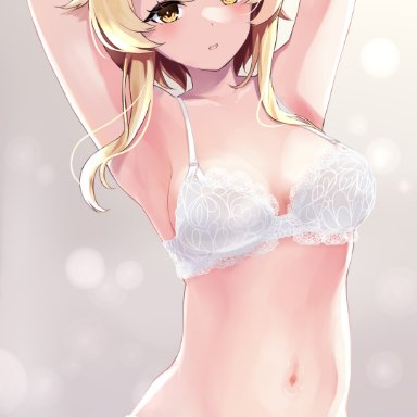 1girls, ass visible through thighs, big breasts, blonde hair, blush, bra, breasts, front view, genshin impact, lace, lingerie, lumine (genshin impact), midriff, navel, thighs