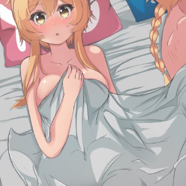 1boy, 1boy1girl, 1girls, aether (genshin impact), big breasts, blonde hair, blush, breasts, genshin impact, incest, laying on bed, lumine (genshin impact), naisu, twincest, twins