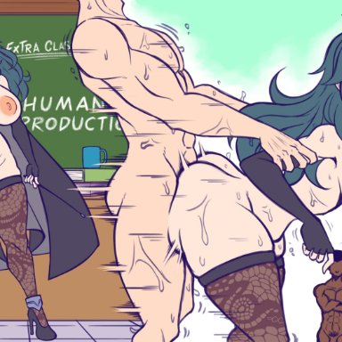 1girls, 2koma, 3boys, ass, bent over, big breasts, blush, bouncing breasts, breasts, byleth (fire emblem), byleth (fire emblem) (female), cape, chalkboard, classroom, crest (fe3h)