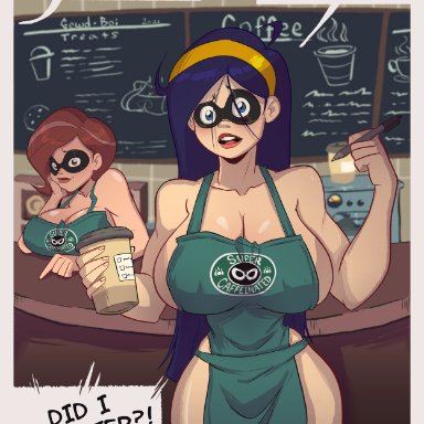 2girls, big breasts, blue eyes, breasts, café, clothing, disney, family, female, gewd-boi, helen parr, iced latte with breast milk, long hair, medium hair, meme