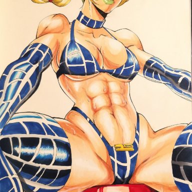 abs, big breasts, blue bikini, boobs, choker, female, female focus, female only, g-string, green eyes, green hair, green lipstick, jojo's bizarre adventure, jolyne kujo, large breasts