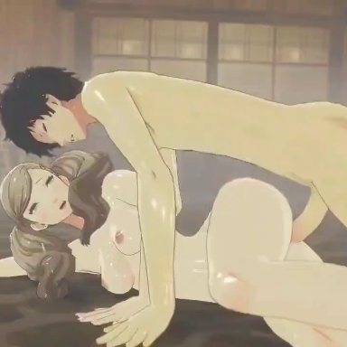 1boy, 1boy1girl, 1girl, akira kurusu, animated, ann takamaki, blonde hair, blue eyes, bunnxarts, hetero, hot spring, looking at partner, moaning, naked, on side