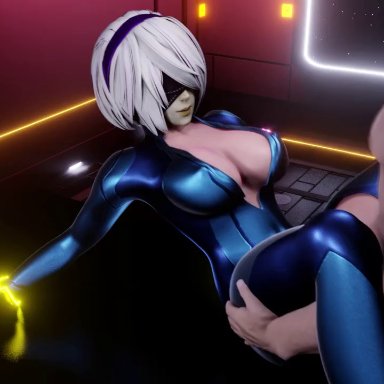 1boy, 1girls, 3d, alenabyss, animated, blindfold, bodysuit, bouncing breasts, breasts, cleavage, cosplay, faceless male, female, female focus, hairband