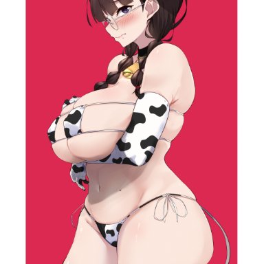 1girls, 96nokimihito, animal ears, animal print, arm under breasts, ass, bell, bikini, blush, braid, closed mouth, clothing, cow bell, cow ears, cow horns
