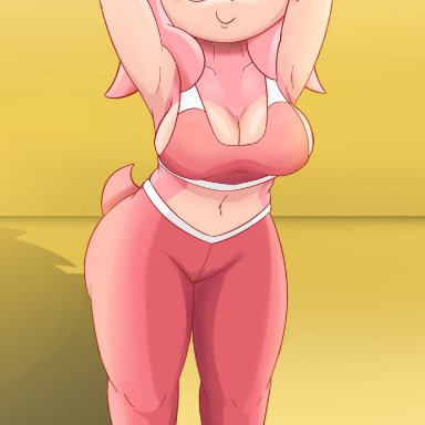 1girls, amy rose, arms behind head, arms up, asstrea, big breasts, blush, breasts, clothed, clothing, female, female only, fully clothed, furry, green eyes