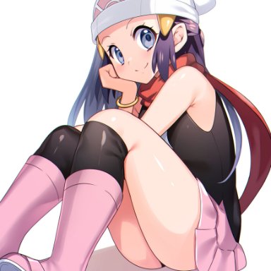 blue eyes, blue hair, blush, breasts, cute, dawn (pokemon), pokemon, sitting, small breasts, smile