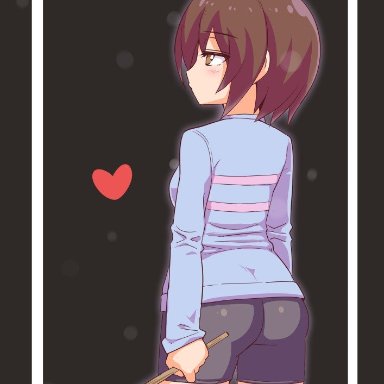 amber eyes, bike shorts, brown, brown hair, cougar1404, frisk, fully clothed, hair, stick, sweater, tagme, tight clothing, undertale