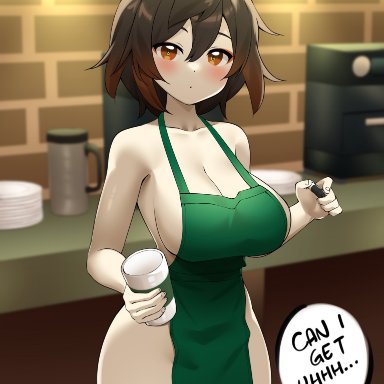 aether (genshin impact), amber eyes, apron only, big breasts, blush, breasts, brown eyes, brown hair, english text, genshin impact, iced latte with breast milk, nipples, rule 63, ryle, starbucks