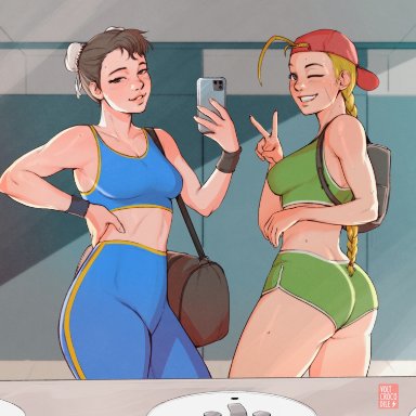 2girls, backwards baseball cap, bare shoulders, blush, braids, cammy white, capcom, chun-li, gym clothes, gym shorts, looking at viewer, mirror selfie, selfie, street fighter, sweat