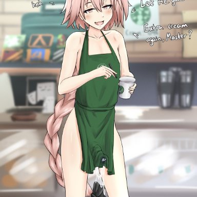 1boy, apron, astolfo (fate), blush, cum, erection under clothes, eye contact, fate/grand order, fate (series), femboy, iced latte with breast milk, looking at viewer, male, nyaxxy, pink eyes