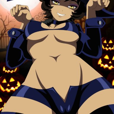 amber eyes, belly button, blair (soul eater), breasts, catgirl, costume, halloween, jack-o'-lantern, kali belladonna, moon, pumpkin, pussy, pussy visible through clothes, rooster teeth, rwby