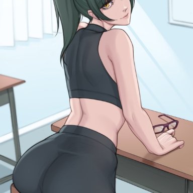 1girls, ass, bare shoulders, black shorts, breasts, closed mouth, cowboy shot, desk, eyebrows visible through hair, eyewear removed, female, female, female focus, female only, from behind