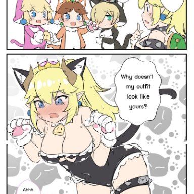 2021, 2koma, 4girls, animal ears, armlet, bare shoulders, bell, bell collar, black bodysuit, black leotard, blonde hair, blue eyes, bodysuit, bowsette, breasts